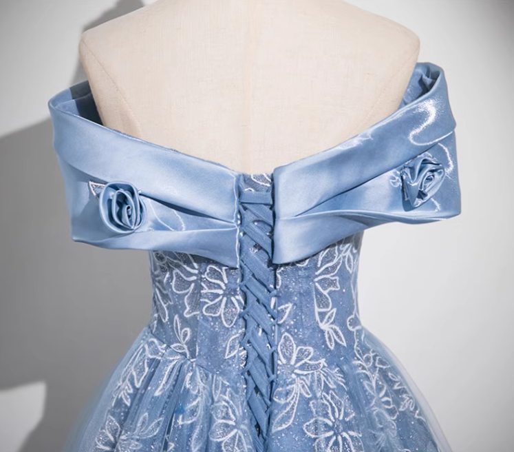 Blue A-line Off-shoulder Tulle Satin Long Prom Dress, Blue Evening Dress ED0965
