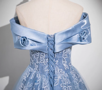 Blue A-line Off-shoulder Tulle Satin Long Prom Dress, Blue Evening Dress ED0965