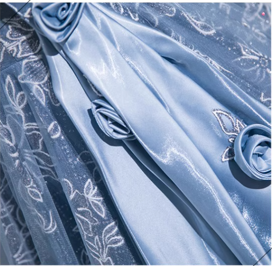 Blue A-line Off-shoulder Tulle Satin Long Prom Dress, Blue Evening Dress ED0965