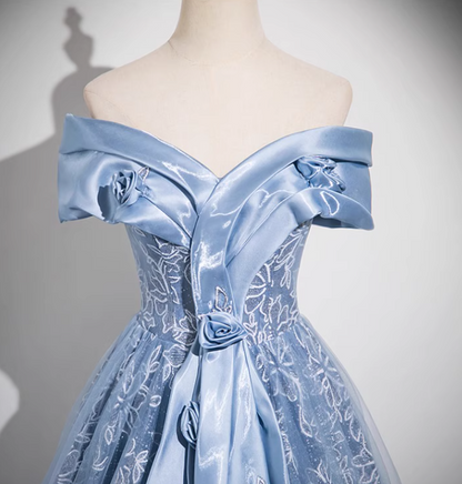 Blue A-line Off-shoulder Tulle Satin Long Prom Dress, Blue Evening Dress ED0965