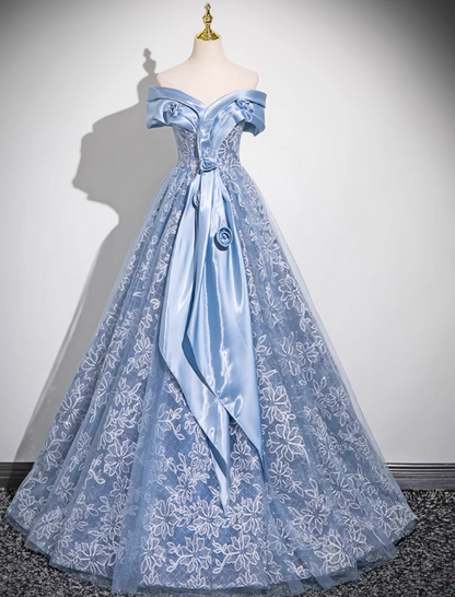 A-line Off-shoulder Tulle Satin Long Prom Dress, Blue Evening Dress HZ1024
