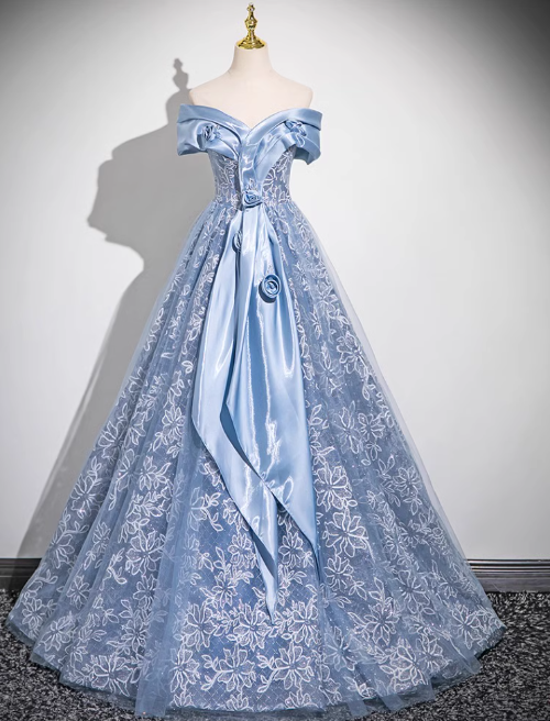 A-line Off-shoulder Tulle Satin Long Prom Dress, Blue Evening Dress HZ1024