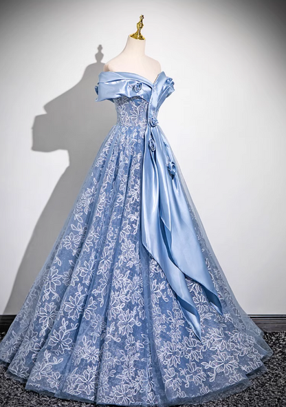 Blue A-line Off-shoulder Tulle Satin Long Prom Dress, Blue Evening Dress ED0965