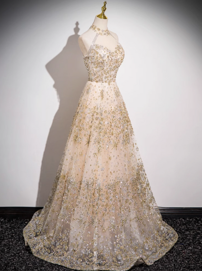A-line tulle sequin long prom dress, champagne evening dress HZ1024