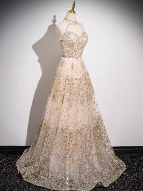 A-line tulle sequin long prom dress, champagne evening dress HZ1024