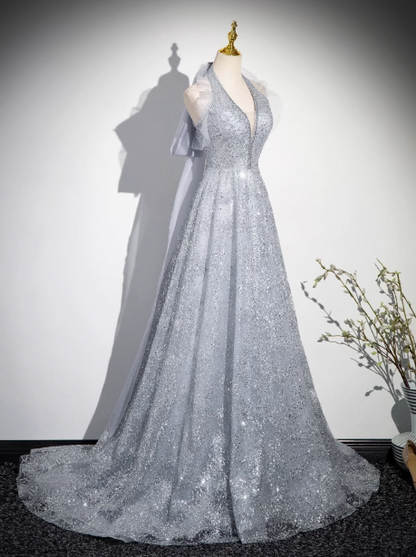 A-line V-neck mesh sequin long prom dress, evening dress ED0967