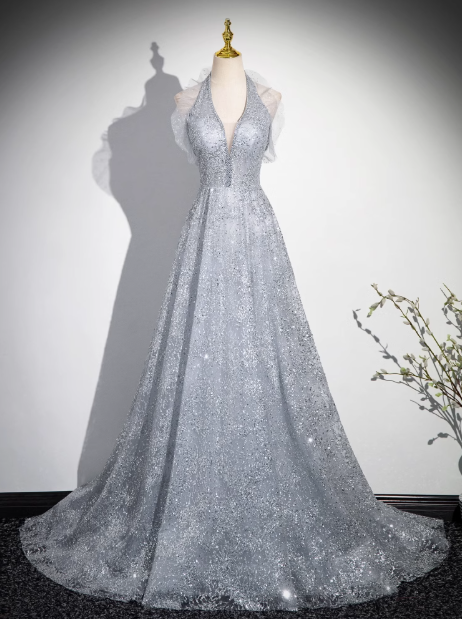 V-neck mesh sequin long prom dress, evening dress HZ1024