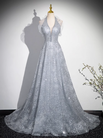 V-neck mesh sequin long prom dress, evening dress HZ1024
