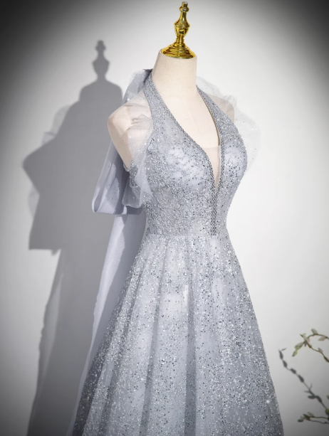V-neck mesh sequin long prom dress, evening dress HZ1024