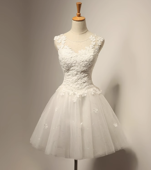 White A-line tulle lace short prom dress, white bridesmaid dress ED0970