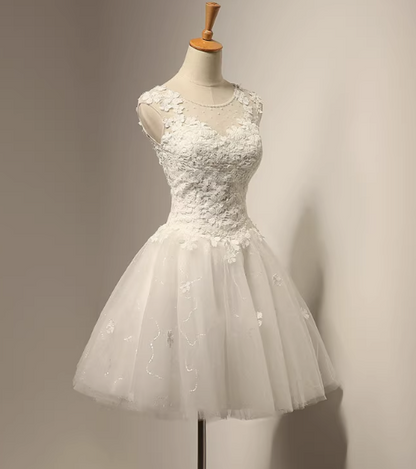 White A-line tulle lace short prom dress, white bridesmaid dress ED0970