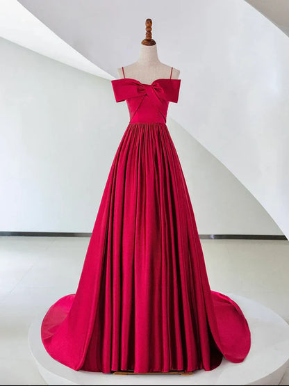 Off Shoulder Satin Red Long Prom Dress, Red Evening Dress HZ1024