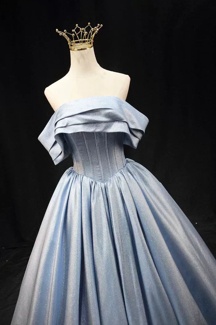 Blue Satin Long Prom Dress, Elegant Off the Shoulder Evening Party Dress HZ1024