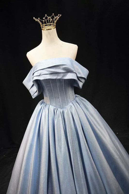 Blue Satin Long Prom Dress, Elegant Off the Shoulder Evening Party Dress HZ1024