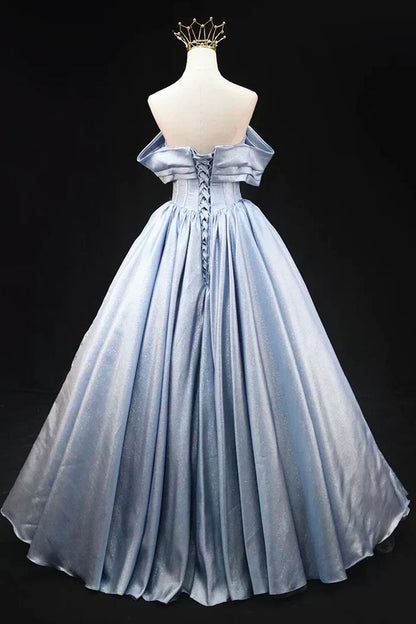 Blue Satin Long Prom Dress, Elegant Off the Shoulder Evening Party Dress HZ1024