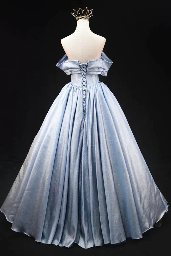 Gray Blue Satin Long Prom Dress, Elegant Off the Shoulder Evening Party Dress ED0995