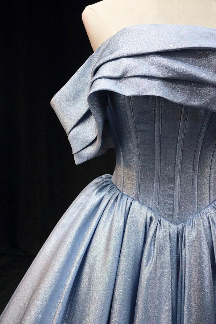 Gray Blue Satin Long Prom Dress, Elegant Off the Shoulder Evening Party Dress ED0995