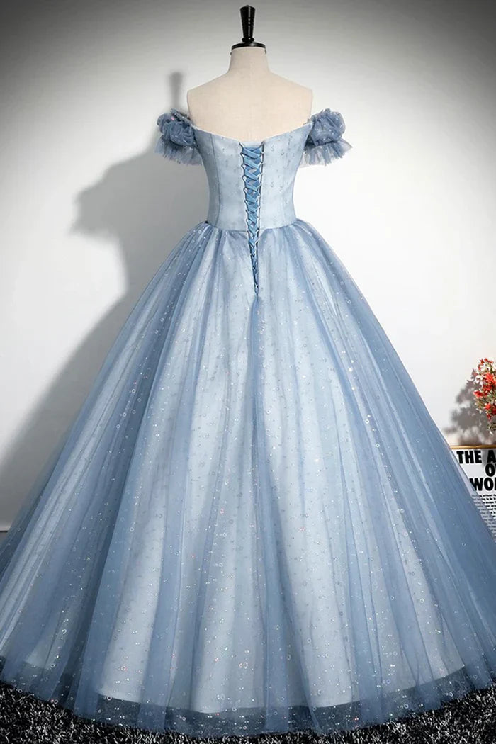 Gray Blue  A-Line Tulle Sequins Long Prom Dress, Beautiful Gray Blue Evening Party Dress ED0997