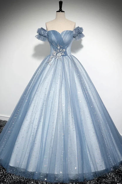 Gray Blue  A-Line Tulle Sequins Long Prom Dress, Beautiful Gray Blue Evening Party Dress ED0997