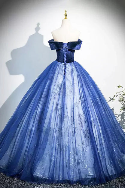 Blue A-Line Velvet Tulle Long Prom Dress, Elegant Off the Shoulder Party Dress ED0998