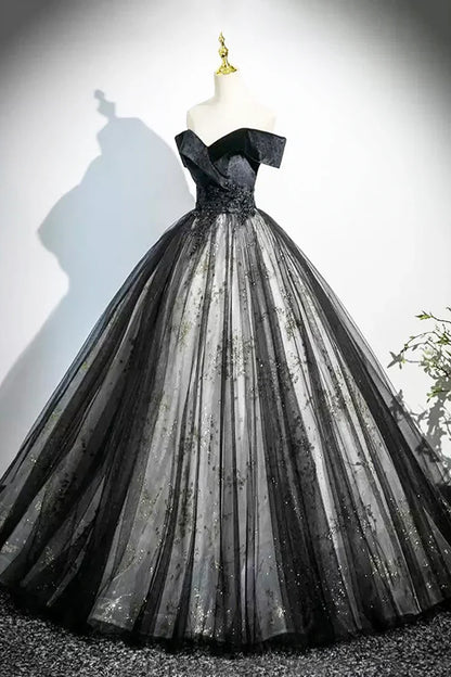 Black A-Line Velvet Tulle Long Prom Dress, Elegant Off the Shoulder Party Dress ED0999