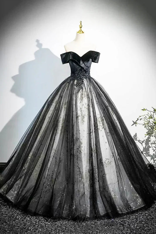Black A-Line Velvet Tulle Long Prom Dress, Elegant Off the Shoulder Party Dress ED0999