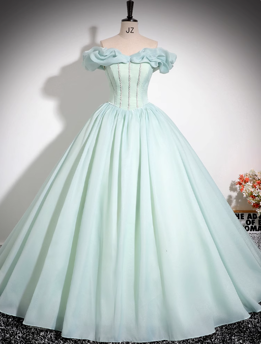 Mint Green A-line Off-shoulder Organza Beaded Long Prom Dress, Sweet 16 Dress ED01475