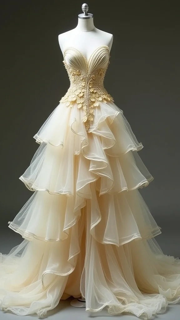 Gentle Apricot Sweetheart A-line Tulle Layered Evening Dresses with Lace Appliques ED02008