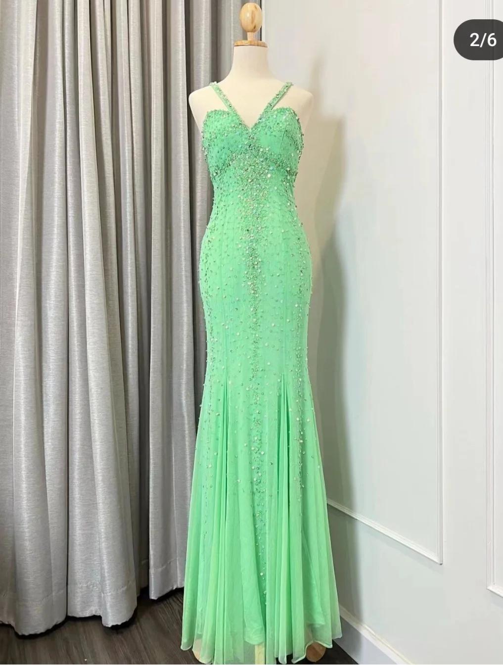 Green V-neck Mermaid Chiffon Beaded Long Prom Dress Gorgeous Evening Dress HZ1024