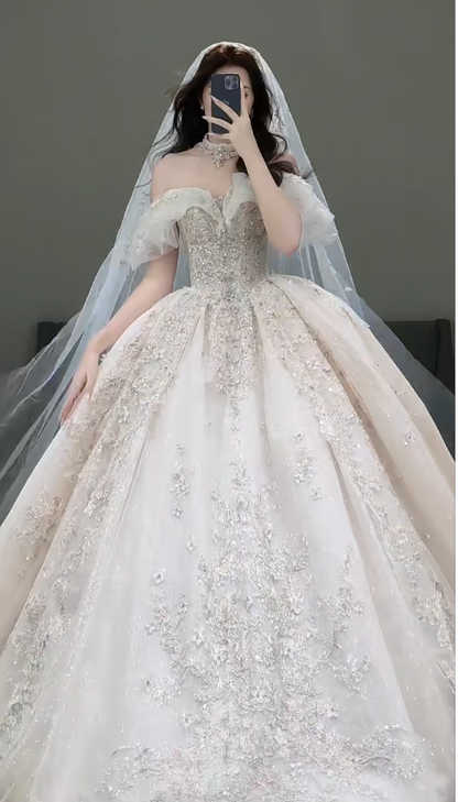 Timeless Off-the-shoulder Ball Gown Glitter Tulle Long Wedding Dresses, White Bridal Gowns, Appliqué Bridal Dresses ED05166