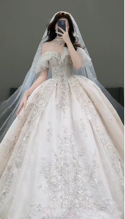 Timeless Off-the-shoulder Ball Gown Glitter Tulle Long Wedding Dresses, White Bridal Gowns, Appliqué Bridal Dresses ED05166