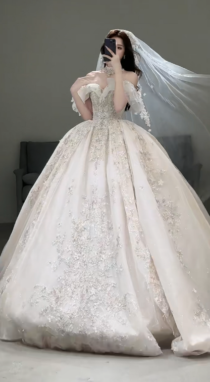 Timeless Off-the-shoulder Ball Gown Glitter Tulle Long Wedding Dresses, White Bridal Gowns, Appliqué Bridal Dresses ED05166