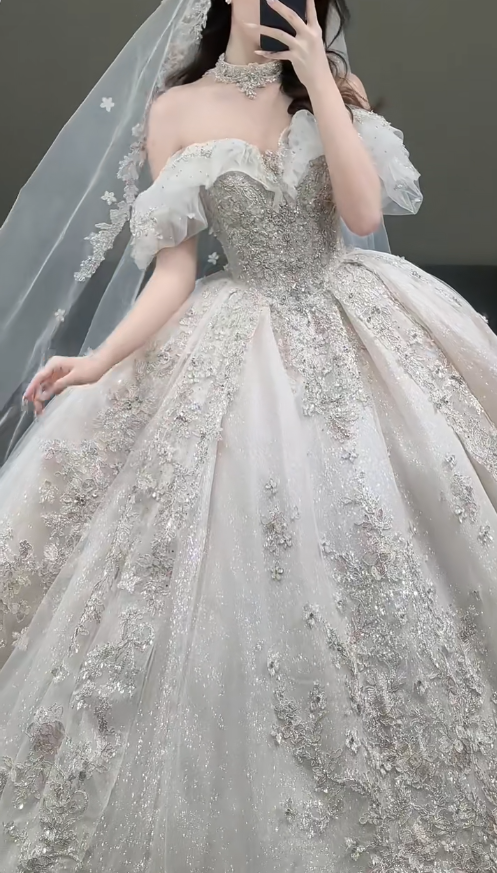 Timeless Off-the-shoulder Ball Gown Glitter Tulle Long Wedding Dresses, White Bridal Gowns, Appliqué Bridal Dresses ED05166