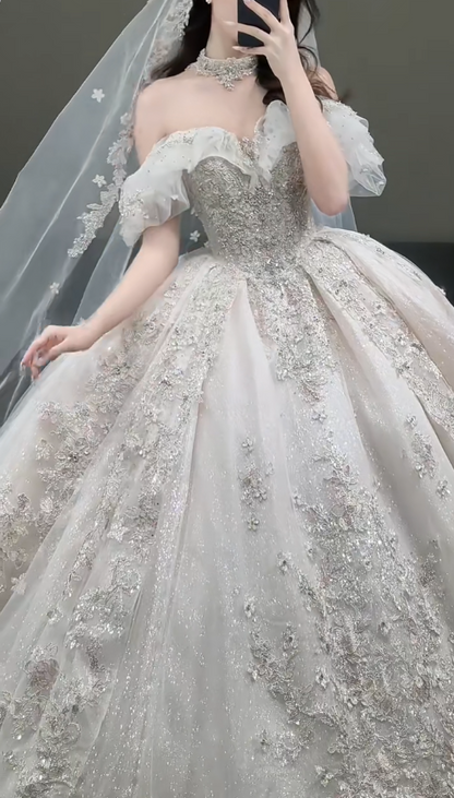 Timeless Off-the-shoulder Ball Gown Glitter Tulle Long Wedding Dresses, White Bridal Gowns, Appliqué Bridal Dresses ED05166