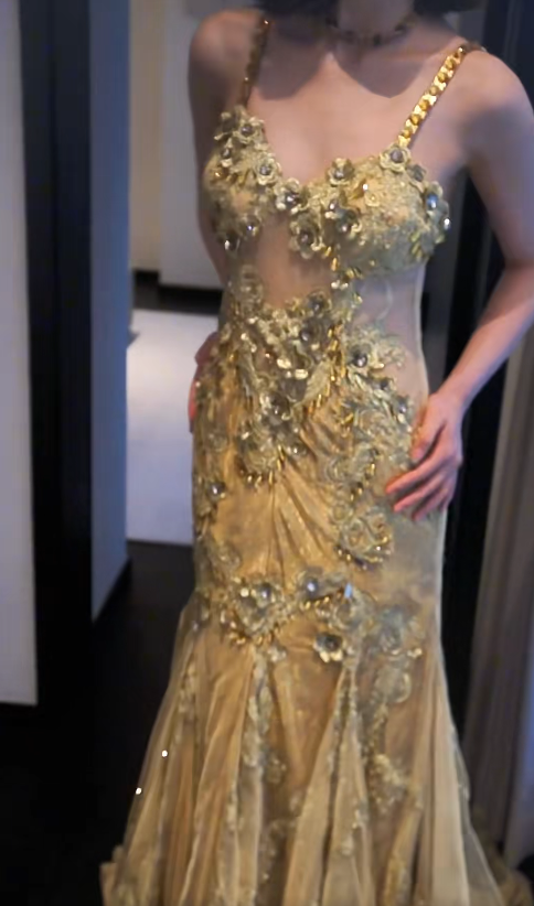Elegant Spaghetti Straps Mermaid Gold Long Formal Dresses Appliqué Tulle Gold Prom Dresses ED5170