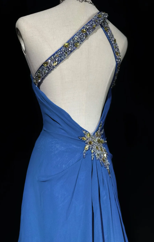 Chic One-shoulder Sheath Long Prom Dresses Rhinstones Chiffon Blue Evening Dresses Sleeveless Christmas Dresses  ED5621