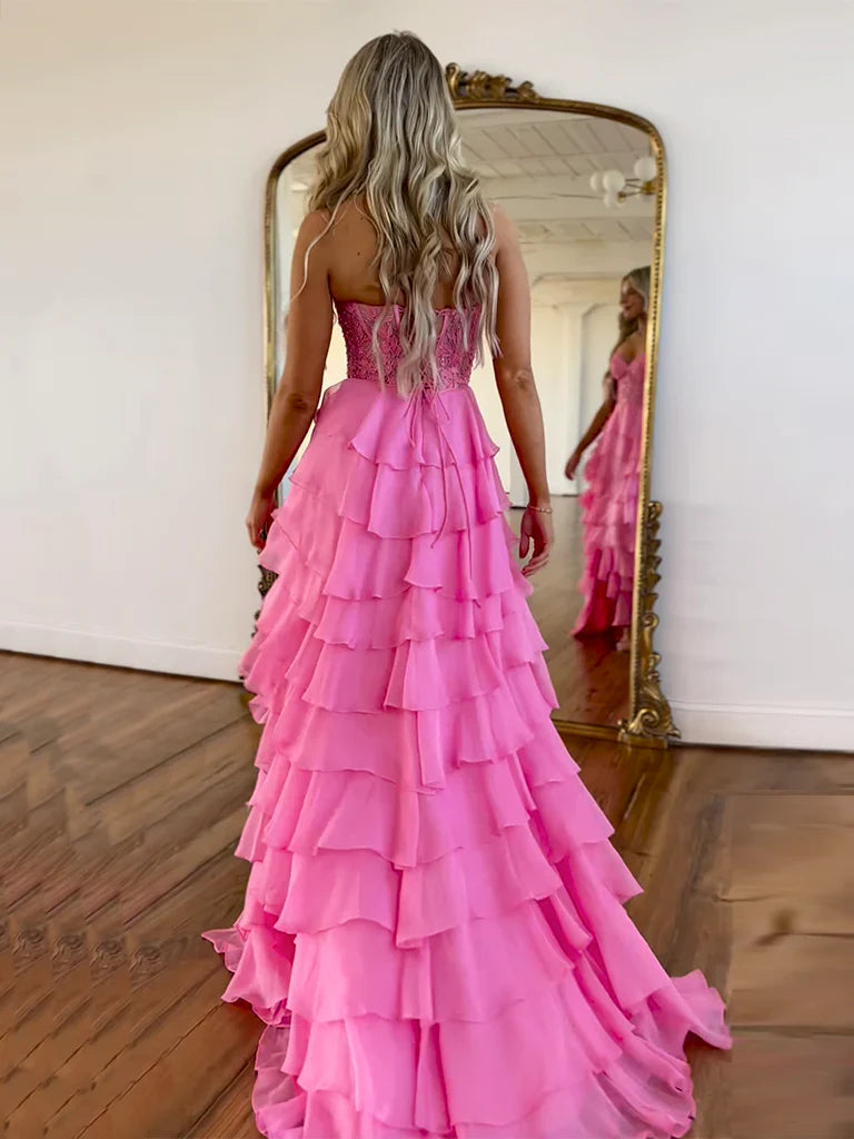 A-Line Sweetheart Neck Chiffon Lace Blue Long Prom Dress, Blue Long Graduation Dress ED01677