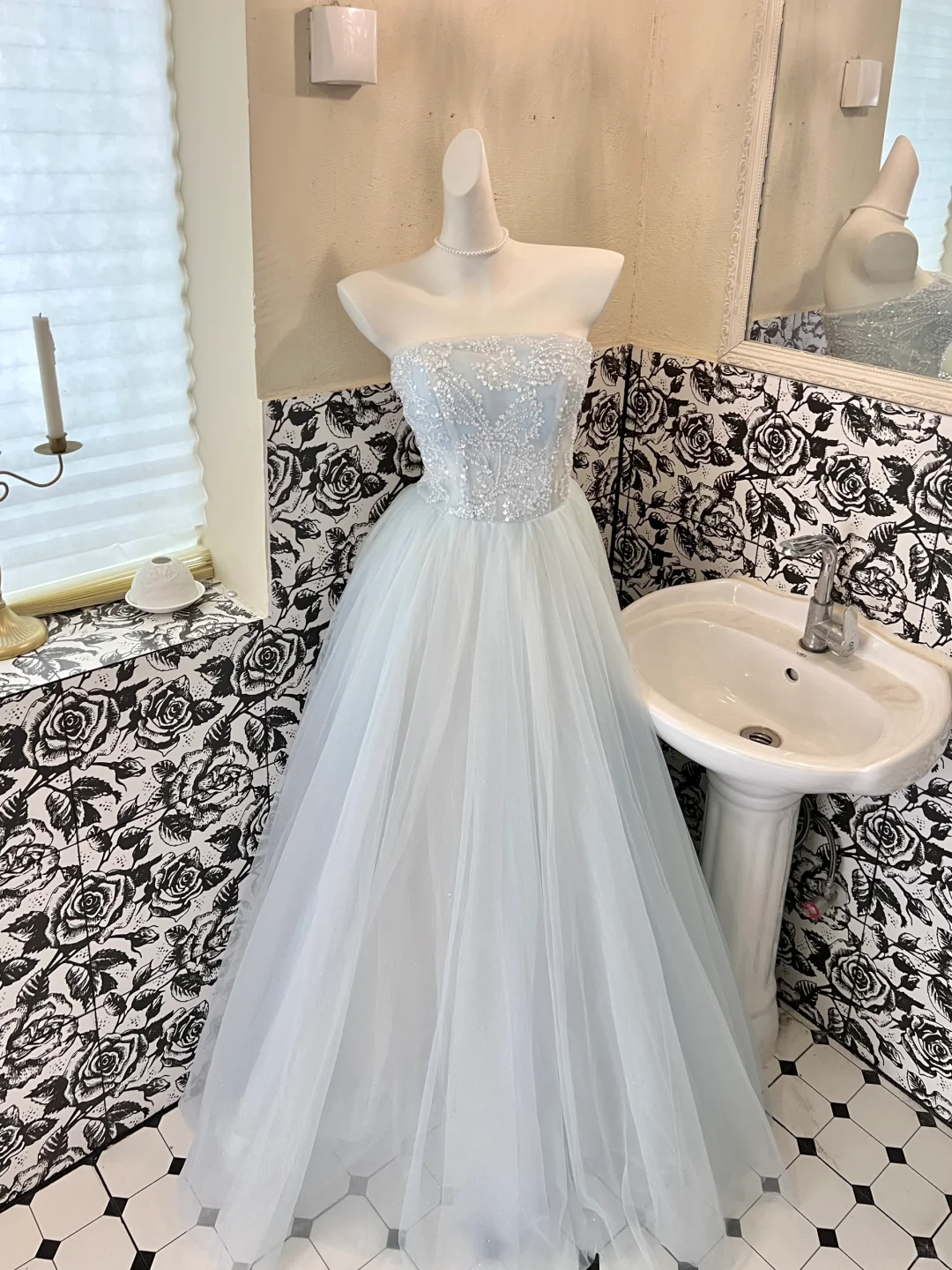 Baby Blue A Line Strapless Beaded Tulle 18th Birthday Dress Prom Dress SH3847