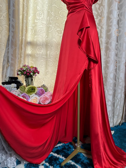 Fashion Red Off The Shoulder Satin Mermaid Long Party Dress Formal Wedding Guest Dress SP1885