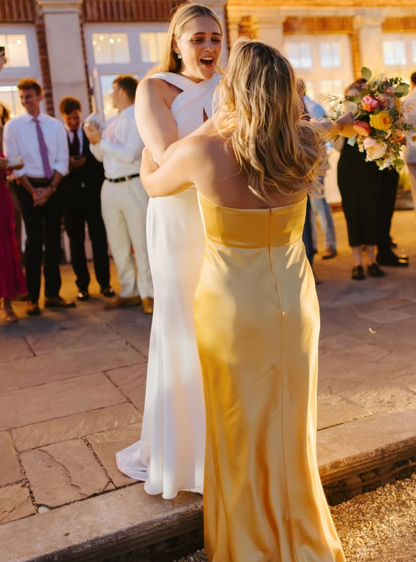 Simple Mermaid Halter Yellow Satin Open Back Bridesmaid Dress Evening Dress SH2796