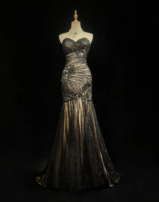 Glitter Strapless Tulle Appliques Beaded Mermaid Long Evening Dress Birthday Prom Dresses SP1791