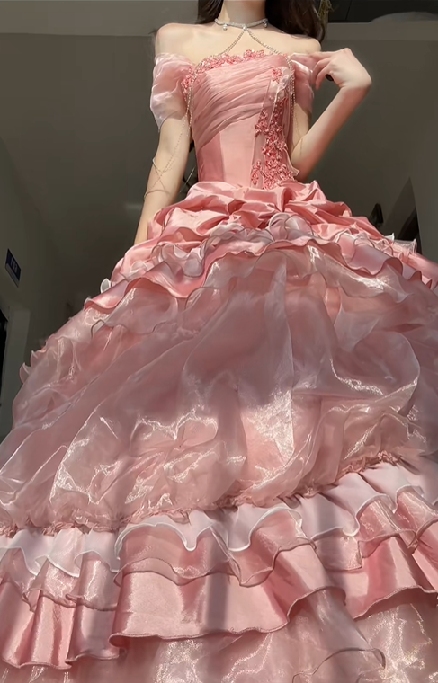 Pink Rose Ball Gown Off the Shoulder Layered Organza Satin Prom Dress Party Dress SH5024