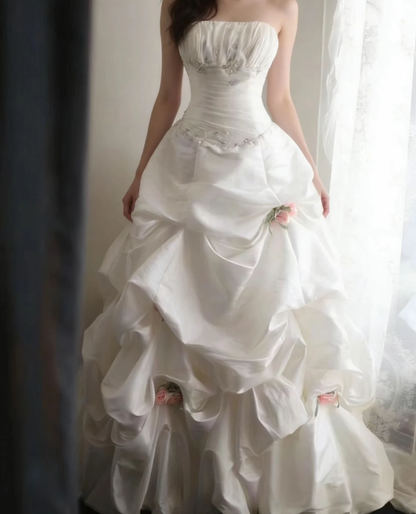 Elegant Strapless Ball Gown White Satin Pleated Floral Long Wedding Dress D2316