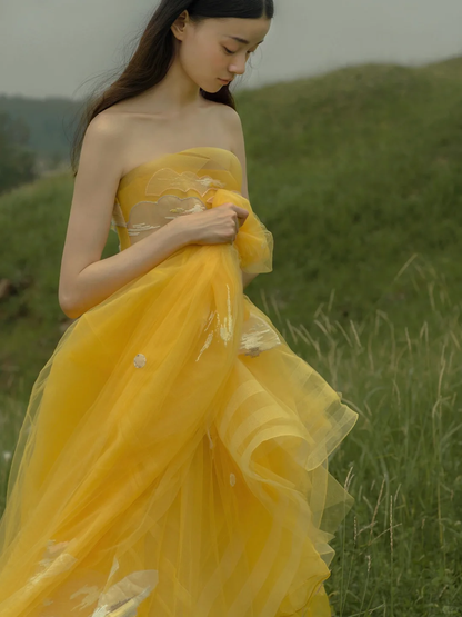 Yellow A Line Strapless White Appliques Tulle Long Prom Dress Party Dress SH4686
