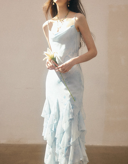 Blue Mermaid Spaghetti Strap Ruffle Chiffon Long Prom Dress Party Dress SH4148