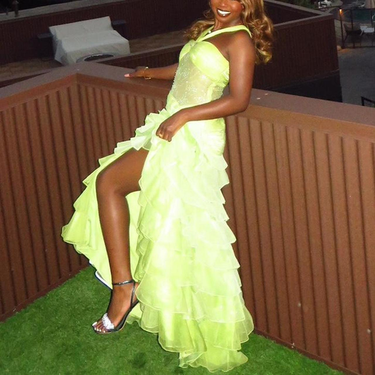 Chic Halter Lemon Green Beaded Tulle Ruffles Layered Slit Long Party Dress Mermaid Evening Gown D1282