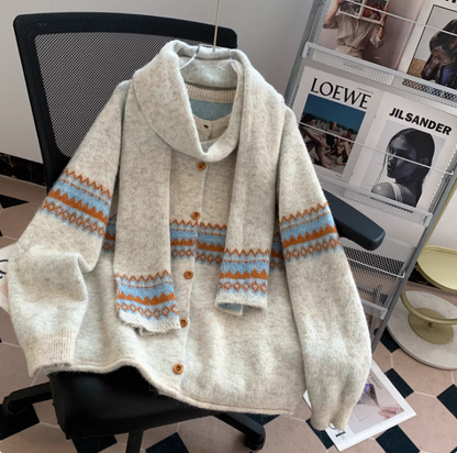 Fair Lsle Jacquard Crew Neck Sweater Cardigan with Scarf EP01433