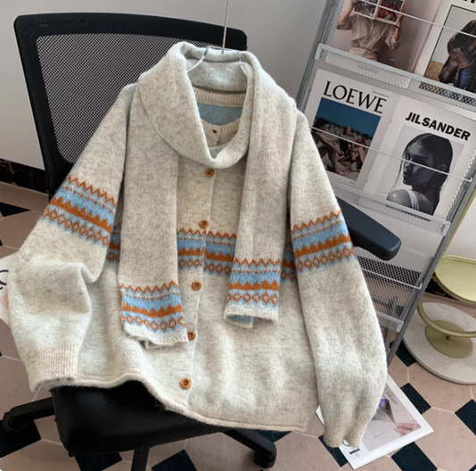 Fair Lsle Jacquard Crew Neck Sweater Cardigan with Scarf EP01433