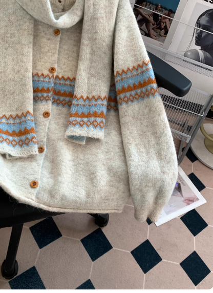 Fair Lsle Jacquard Crew Neck Sweater Cardigan with Scarf EP01433