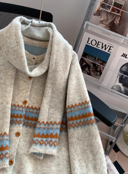 Fair Lsle Jacquard Crew Neck Sweater Cardigan with Scarf EP01433